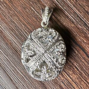 925 Sterling Silver STS Real Diamond Ornate Filigree Oval Locket Pendant Vintage